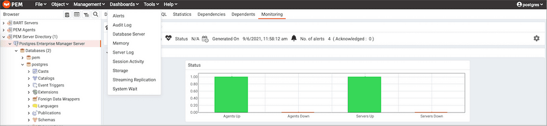 PEM Dashboards menu