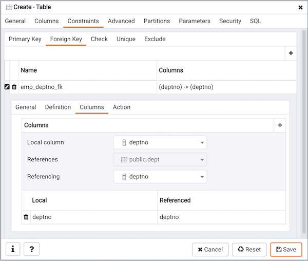 Create Table dialog - Constraints tab - Foreign Key Constraint columns