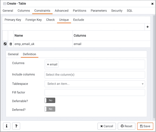 Create Table dialog - Constraints tab - Unique Constraint definition