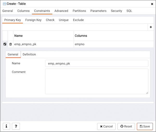 Create Table dialog - Constraints tab - Primary Key