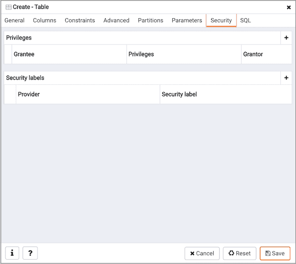 Create Table dialog - Security tab