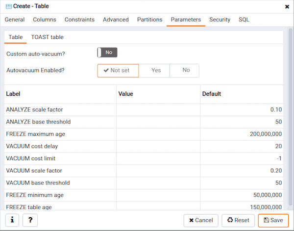 Create Table dialog - Parameter tab